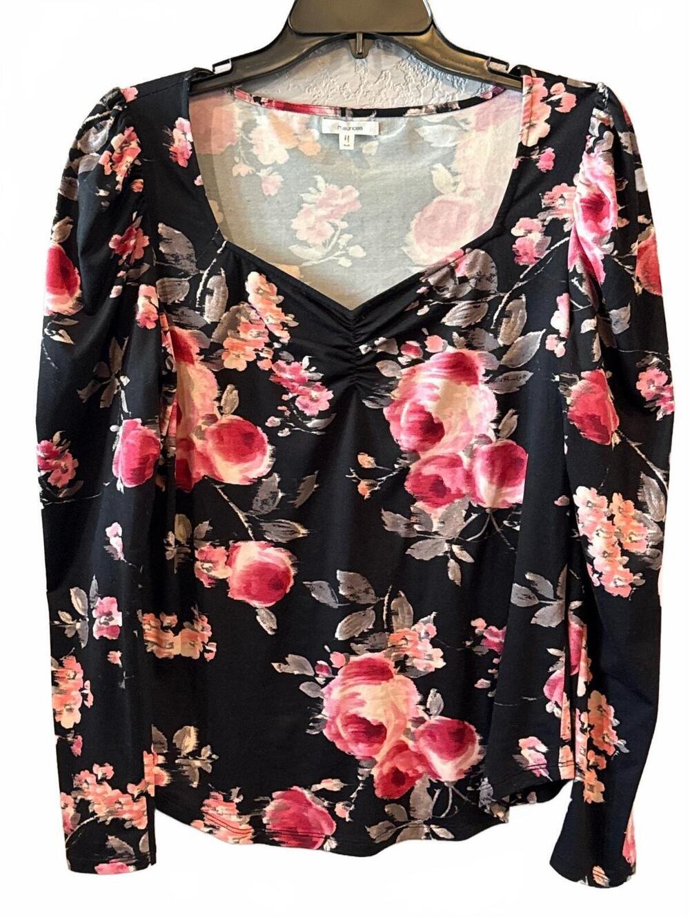 Maurices Floral Long Sleeve Shirt with Ruched Front Detail, Size M